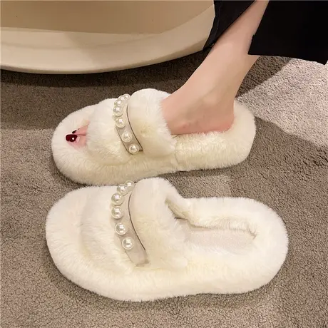 白色毛毛拖鞋外穿室外厚底一字拖2024年新款高级感拖鞋夏天女增高商品大图