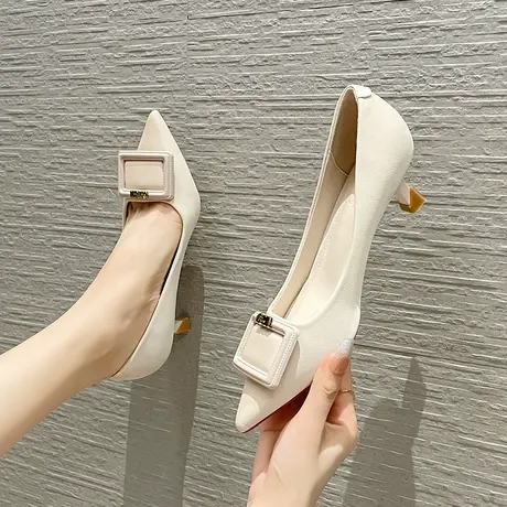 软皮高跟鞋女2024新款秋季尖头方扣气质女士职业鞋细跟不累脚单鞋图片