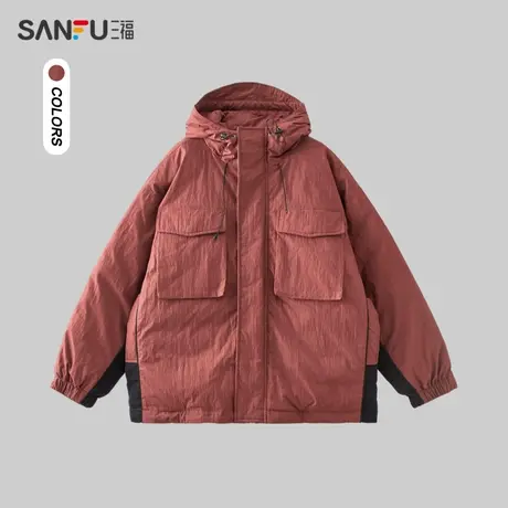 三福2023冬男士工装口袋拼色短棉衣 保暖宽松连帽外套男478783商品大图