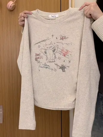 红续可爱涂鸦猫咪正肩长袖T恤女日系甜妹风收腰内搭上衣秋冬新款图片