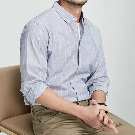 格慕施薄款纯棉条纹长袖衬衫男衬衣男商务加大码宽松休闲青年寸衫图片
