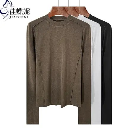 美拉德春秋新款圆领修身纯棉纯色压线拼接长袖体恤上衣女打底衫图片