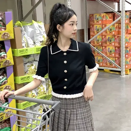 唐狮翻领假开衫毛织短袖小香风上衣女夏季黑色针织T恤荷叶边小衫图片