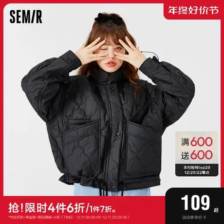 森马棉服女立领纯色甜美设计感2022冬季新款oversize轻薄抽绳上衣图片