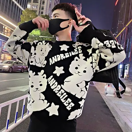 冬季毛衣男新款时尚卡通提花保暖内搭针织衫潮牌宽松加厚打底线衣商品大图