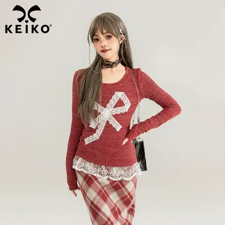 KEIKO 蕾丝蝴蝶结饰针织上衣女2024春季大圆领修身显瘦打底小衫图片