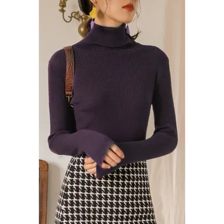 弥古紫色毛衣高领打底衫堆堆领内搭针织衫上衣女秋冬高级感女装商品大图