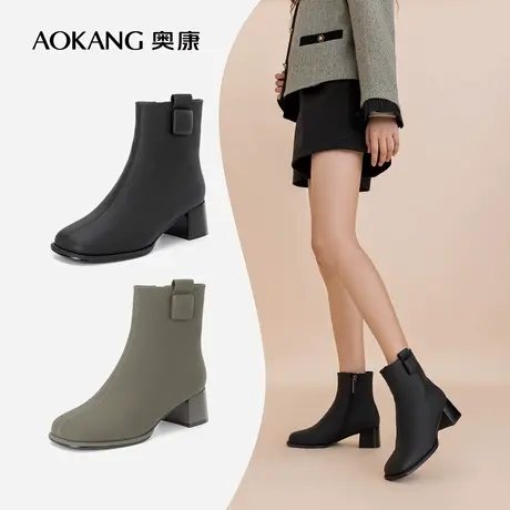 奥康女鞋 冬季新款方头女士短靴时装靴粗高跟舒适百搭日常潮商品大图