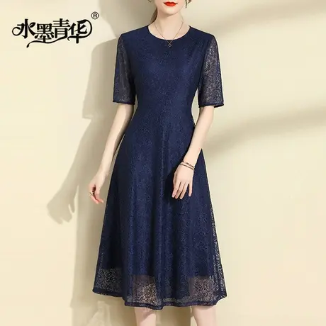 水墨青华2024春装新品时尚显瘦蕾丝裙百搭收腰中长款连衣裙女图片
