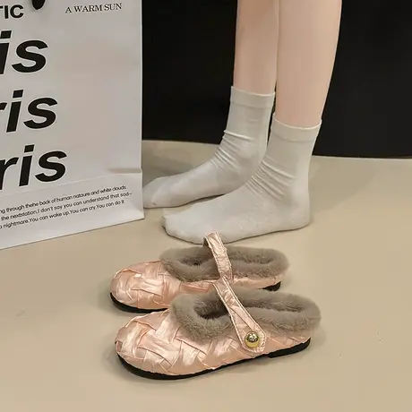 平底小香风加绒棉拖鞋女鞋子外穿2024新款秋冬玛丽珍包头毛毛拖鞋商品大图
