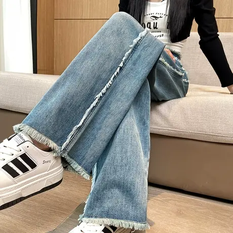 美式高街阔腿牛仔裤女2024春秋新款高腰宽松毛边直筒窄版拖地裤子商品大图