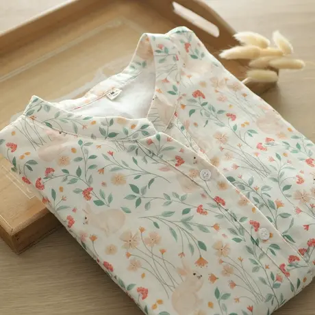 春秋季文艺小清新碎花双层纱纯棉V领长袖衬衫女学生宽松百搭上衣商品大图