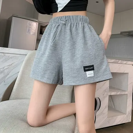 唐狮休闲运动短裤女款华夫格高腰浅麻灰色显瘦抽绳夏季阔腿中裤潮图片