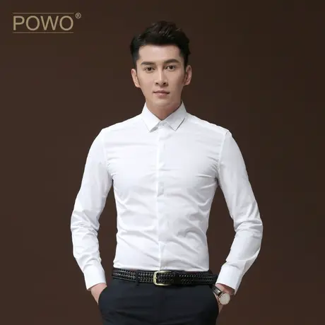 POWO长袖衬衫男士白色衬衣刺绣修身商务休闲衣服韩版男装秋季寸衫商品大图