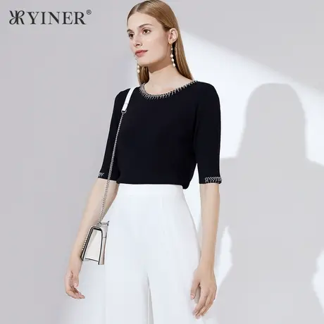 YINER音儿女装夏季时尚钉珠装饰拼接针织衫套头商品大图