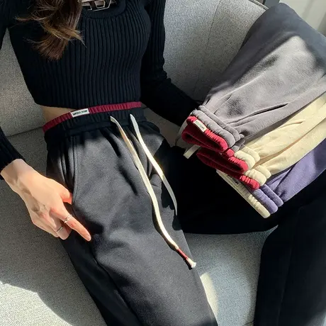 黑色窄版阔腿裤女春秋高腰垂感2024年新款宽松休闲显瘦直筒运动裤商品大图