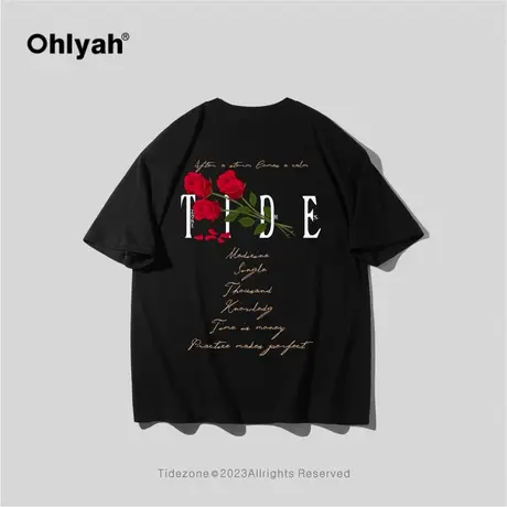 Ohlyah潮牌新款植物花卉玫瑰棕字母纯棉半袖圆领套头短袖T恤男女图片