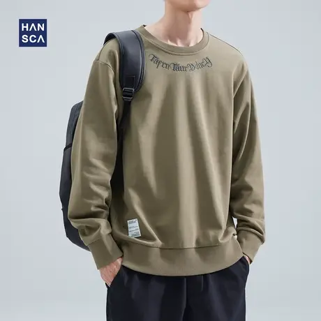 hansca美式重磅卫衣男秋冬款加厚潮牌时尚刺绣宽松复古圆领长袖男商品大图