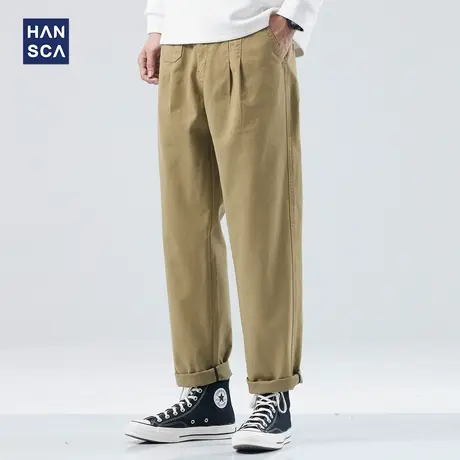 hansca卡其色休闲裤男宽松直筒秋季新款简约纯色日系复古纯棉长裤商品大图