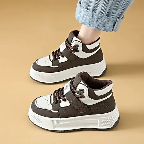 高帮女鞋2024新款春季厚底小白鞋女运动休闲学生防滑松糕板鞋皮面商品大图