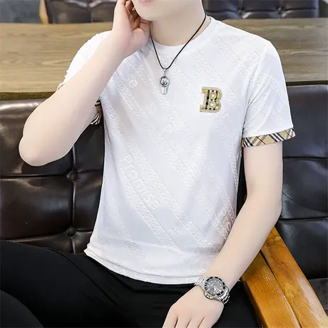 冰丝短袖T恤男士2024新款提花透气薄款半袖体恤衫上衣服潮牌男装商品大图