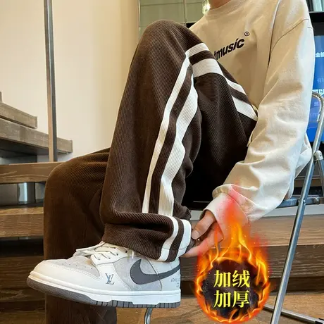 秋冬加绒灯芯绒裤子男高街潮运动百搭加厚直筒裤宽松潮牌休闲长裤商品大图