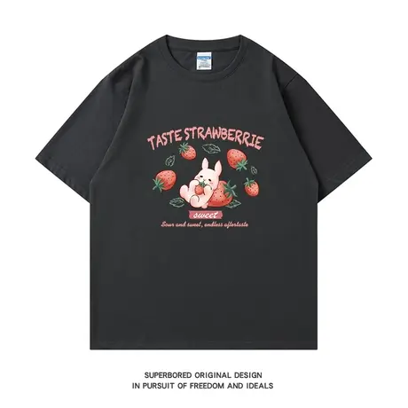 夏季趣味卡通兔子草莓印花纯棉短袖t恤男女情侣装宽松体恤半袖图片