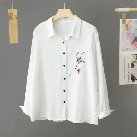 复古印花长袖纯色白色衬衫女春季2024年新款国风打底衬衣百搭上衣商品大图