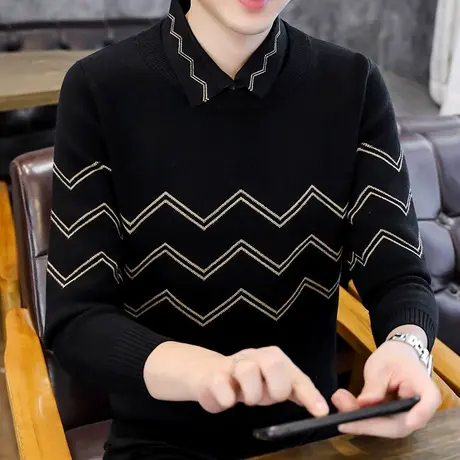 男士长袖假两件衬衫领毛衣潮流帅气个性内搭打底衫秋冬季厚款线衣商品大图