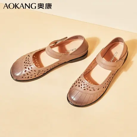 奥康凉鞋女夏新款镂空真皮洞洞鞋真皮舒适中老年平底凉鞋妈妈鞋商品大图
