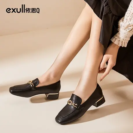 依思q小黑鞋女皮鞋英伦风2023新款春秋粗跟低跟方头一脚蹬乐福鞋商品大图