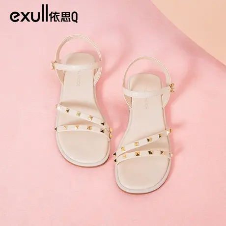 依思q绝美凉鞋女夏季外穿2024年新款法式平底铆钉一字带罗马女鞋商品大图