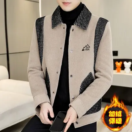 冬季呢子夹克男士韩版拼接保暖外套设计感加绒加厚金貂绒潮牌男装商品大图