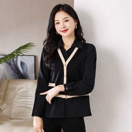 伊自尚2023秋季新款胖mm通勤时尚洋气假两件宽松显瘦长袖衬衫上衣图片