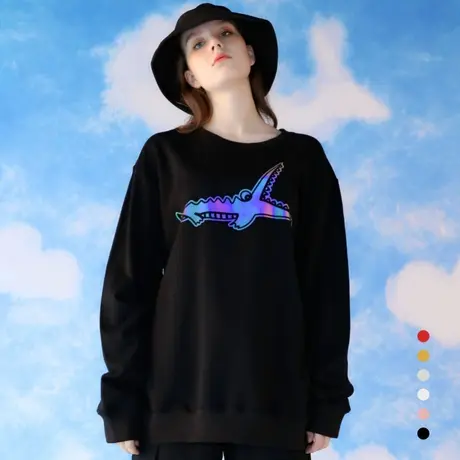 炸街卫衣女男情侣装鳄鱼洋气反光印花大码圆领学生chic港风上衣服商品大图