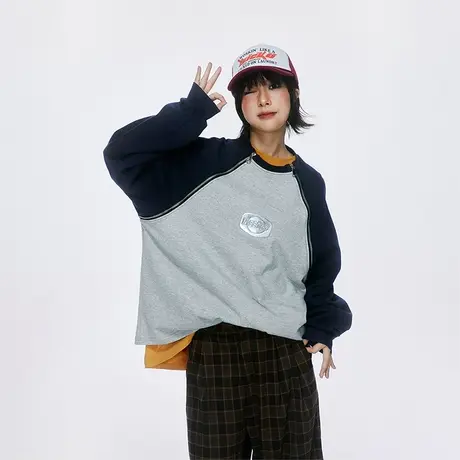 美式慵懒chic插肩袖卫衣女春秋2023新款无帽宽松复古情侣装上衣潮商品大图