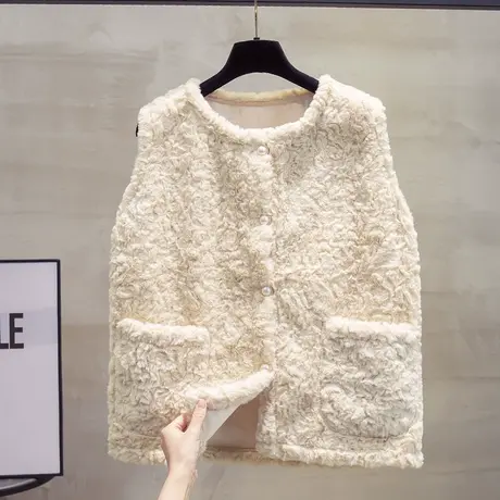 圆领羊羔毛开衫马甲背心女2023秋装新款宽松外穿马夹加厚毛衣坎肩图片