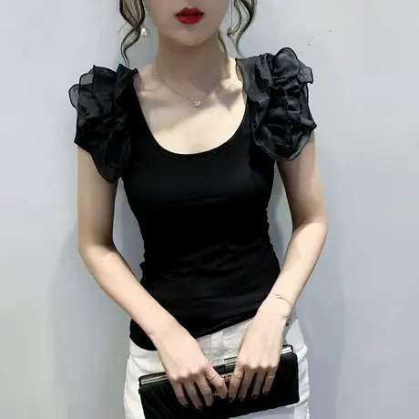 时尚荷叶边T恤女短袖夏季设计感小众洋气上衣紧身显瘦气质小衫潮图片
