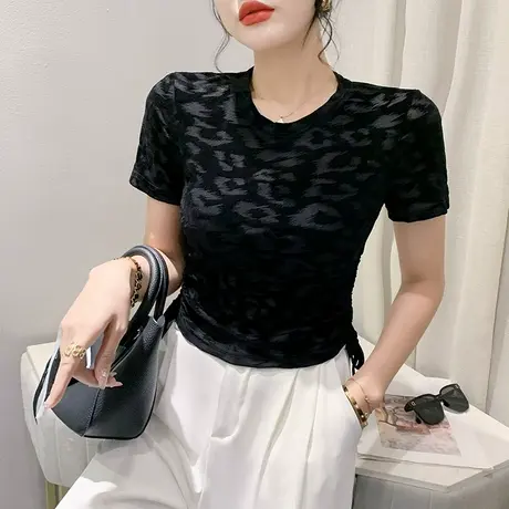 2023夏季新款豹纹短袖T恤女洋气辣妹短款上衣设计感别致抽绳小衫商品大图