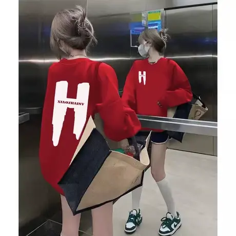 红色圆领卫衣女2023新款爆款秋冬韩系慵懒风中长款宽松长袖外套潮商品大图