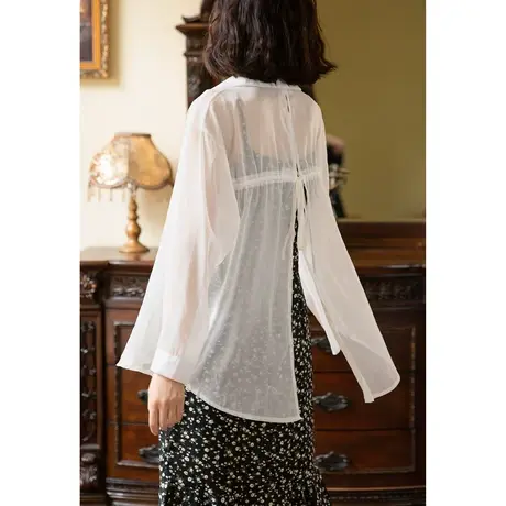 弥古白色雪纺衬衫女春秋吊带裙外搭开衫后背开叉衬衣上衣防晒罩衫商品大图