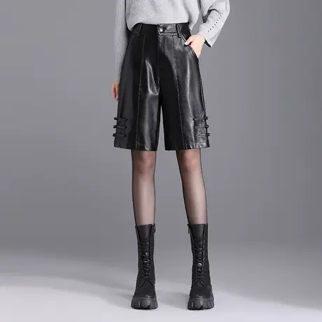 盘扣时尚短裤PU皮裤高腰五分裤韩版修身直筒裤秋季2023新款休闲裤商品大图