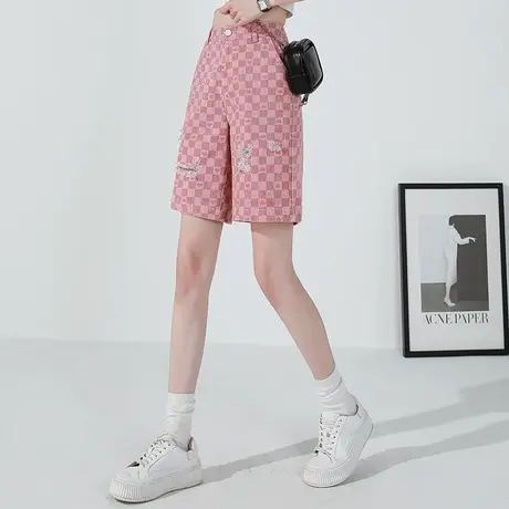 粉色格子破洞牛仔短裤女夏薄款直筒中裤五分裤女夏季高腰a字5分裤商品大图