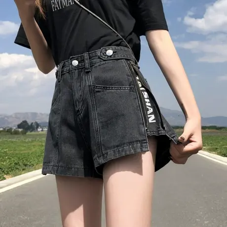 黑色牛仔短裤女2023年夏季新款薄高腰宽松设计感女小众阔腿热裤子商品大图