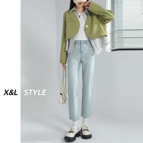 浅色直筒牛仔裤女春秋2023年新款设计感美式显瘦高腰阔腿烟管裤子图片