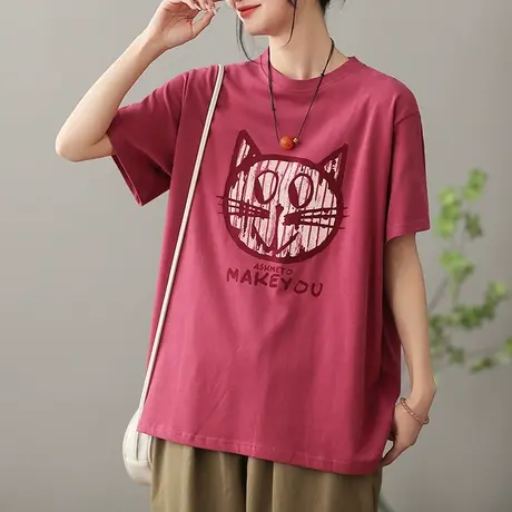 dza文艺复古圆领纯棉T恤女2023春夏新款宽松短袖体恤休闲打底上衣商品大图