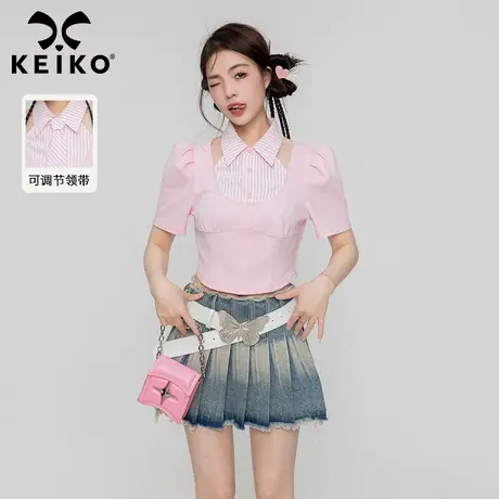 KEIKO 韩式学院 纯欲镂空粉色上衣女夏季甜辣妹短袖上衣短款衬衫商品大图