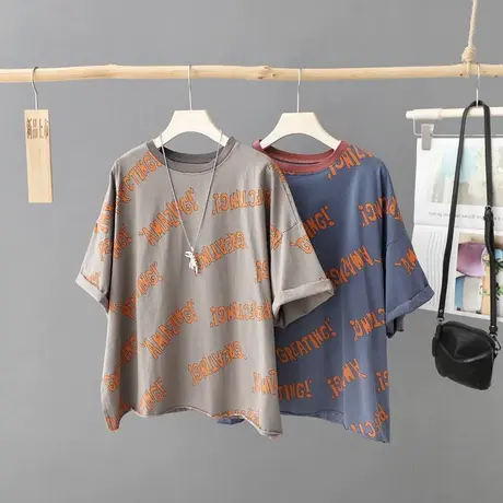 大码女装字母印圆领t恤衫女短袖夏装新款宽松休闲体恤上衣打底衫图片