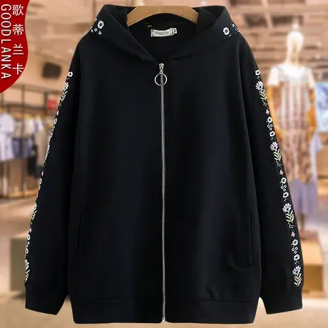 中年40-50岁妈妈春装外套连帽上衣洋气加肥加大码女绣花开衫卫衣图片