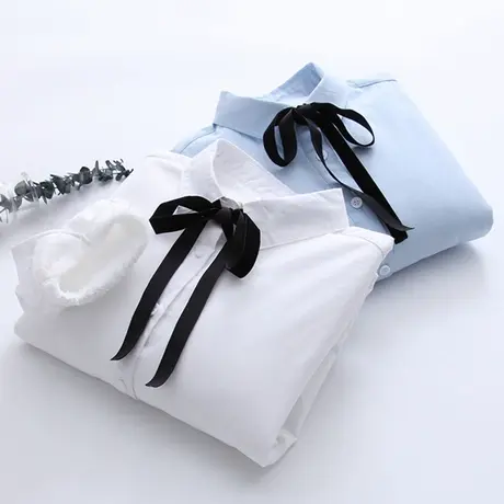 秋冬日系学生蝴蝶结系带加绒加厚白衬衫女生简约百搭保暖打底衬衣商品大图